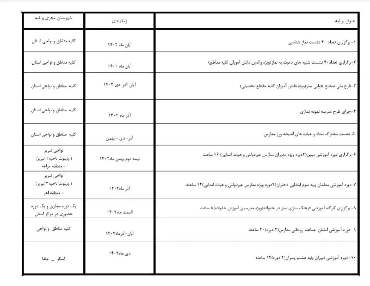 تقویم نشست های نمازی آموزش و پرورش آذربایجان شرقی